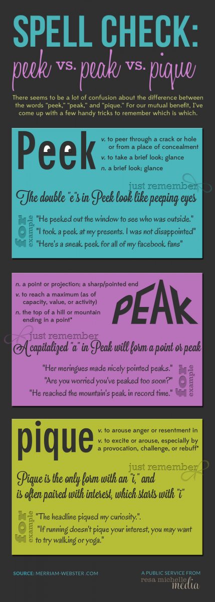 How to Spell Peek, Peak, and Pique: An Infographic by Resa Michelle Media